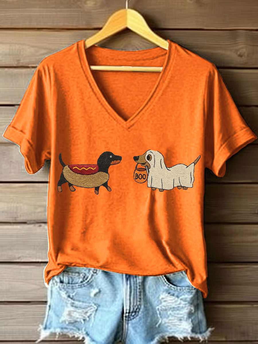 T-shirt bordado V-Neck Dachshund Halloween feminino
