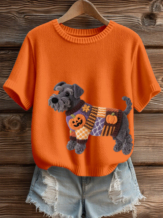 Halloween feminino inspirado cão de Schnauzer sentiu arte aconchegante Knit Top