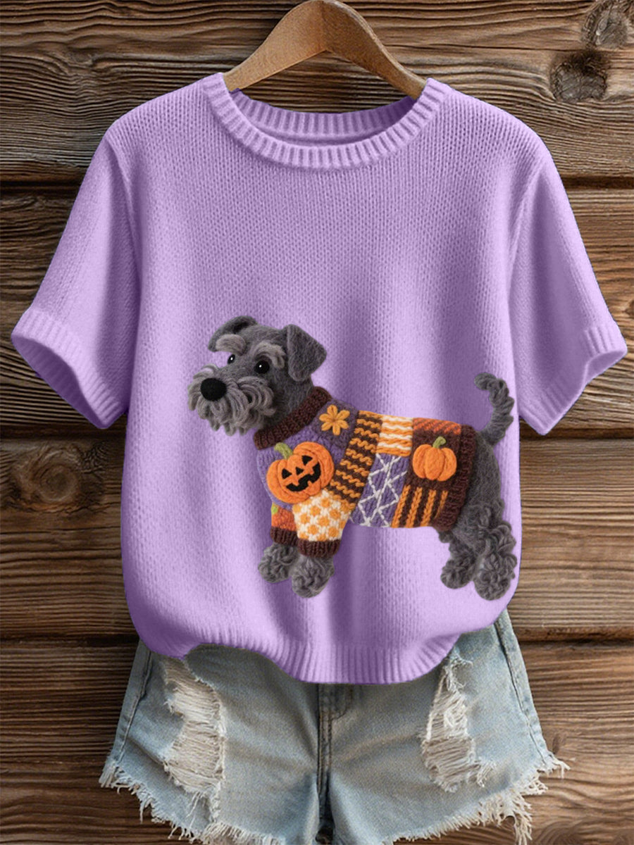 Halloween feminino inspirado cão de Schnauzer sentiu arte aconchegante Knit Top