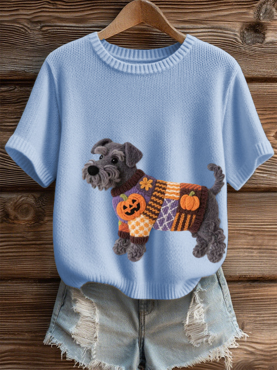 Halloween feminino inspirado cão de Schnauzer sentiu arte aconchegante Knit Top
