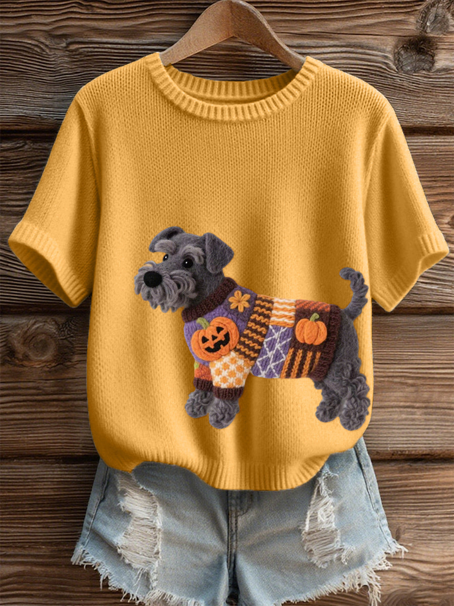 Halloween feminino inspirado cão de Schnauzer sentiu arte aconchegante Knit Top