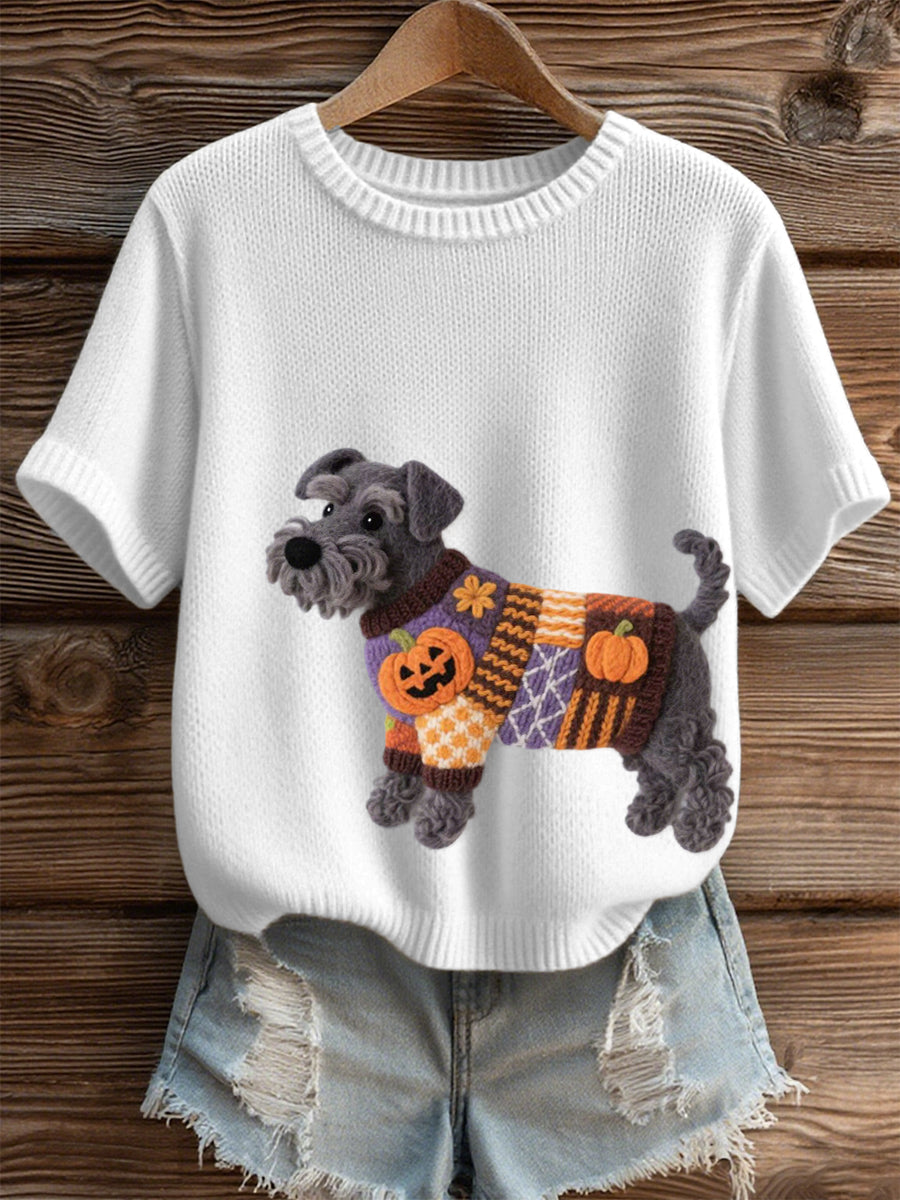 Halloween feminino inspirado cão de Schnauzer sentiu arte aconchegante Knit Top