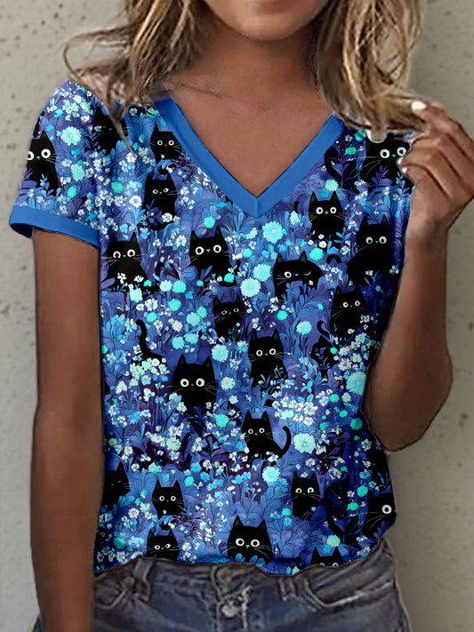 Gato preto arte impressão v-Neck t-shirt feminino