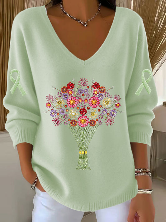 Arte Floral Retro Animal V-Neck Casual Top feminino