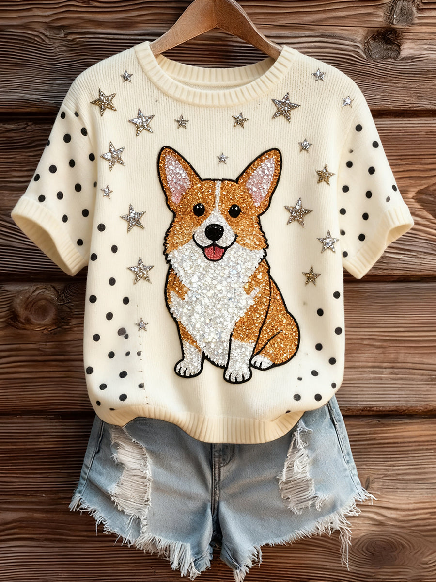 Artístico Animal Print Confortável Malha Top de manga curta feminino