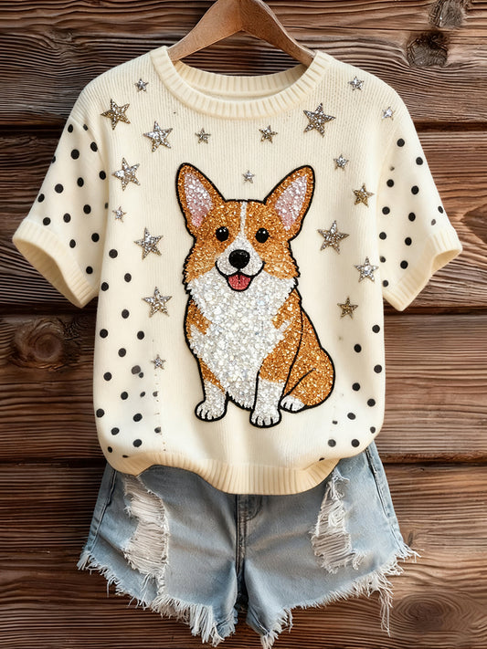 Artístico Animal Print Confortável Malha Top de manga curta feminino