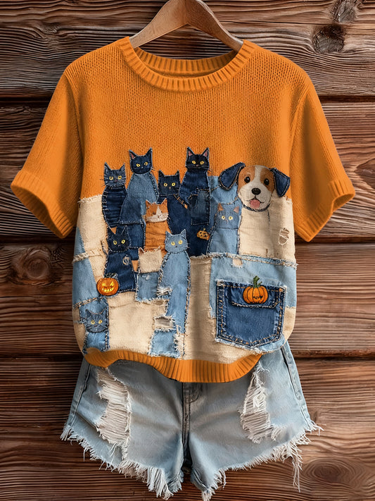Artístico Animal Print Confortável Malha Top de manga curta feminino