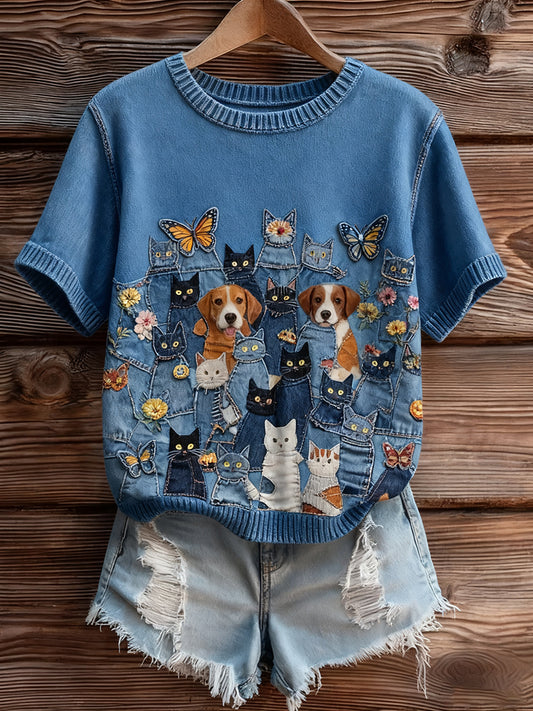 Artístico Animal Print Confortável Malha Top de manga curta feminino