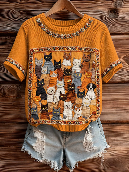 Artístico Animal Print Confortável Malha Top de manga curta feminino