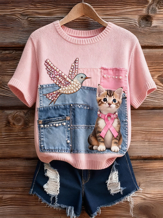 Artístico Animal Print Confortável Malha Top de manga curta feminino
