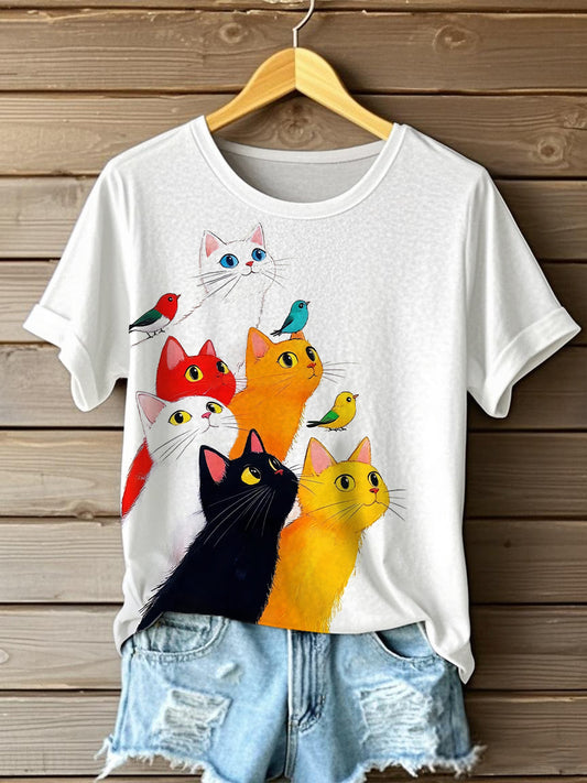Gatos engraçados femininos Arte imprime camiseta de manga curta