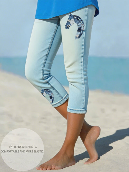 Leggings de Denim Horse feminino cortadas