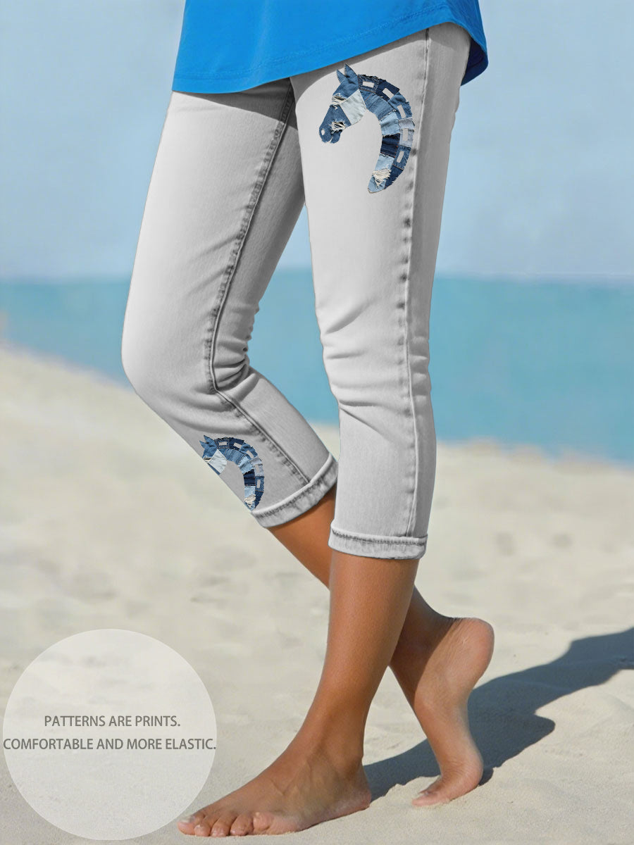 Leggings de Denim Horse feminino cortadas