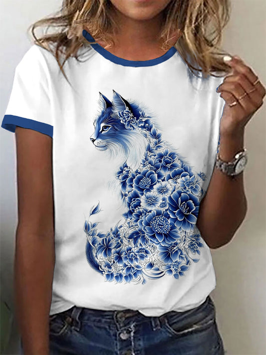 Gato Floral feminino imprime camiseta casual