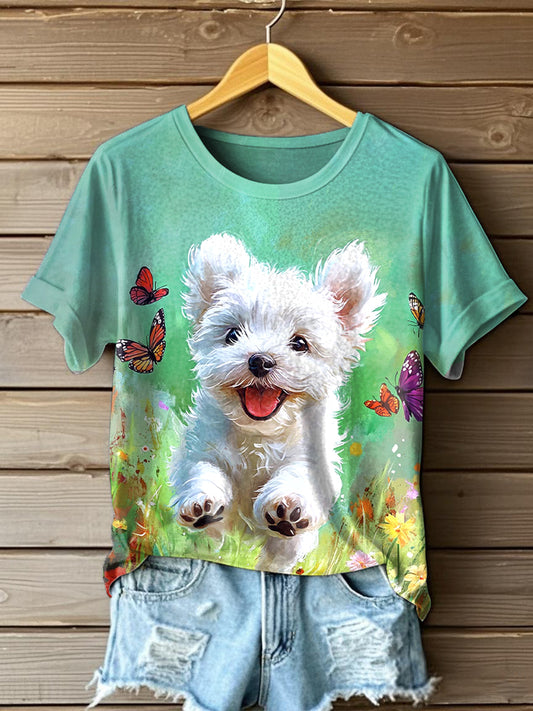 Cão bonito pintura a óleo arte manga curta camiseta feminino