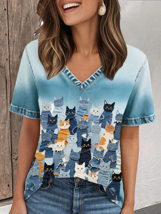 T-shirt feminina denim cat