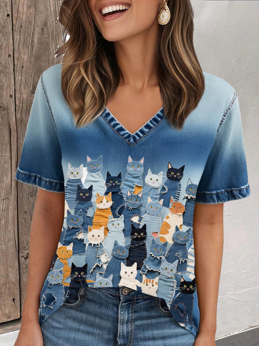 T-shirt feminina denim cat