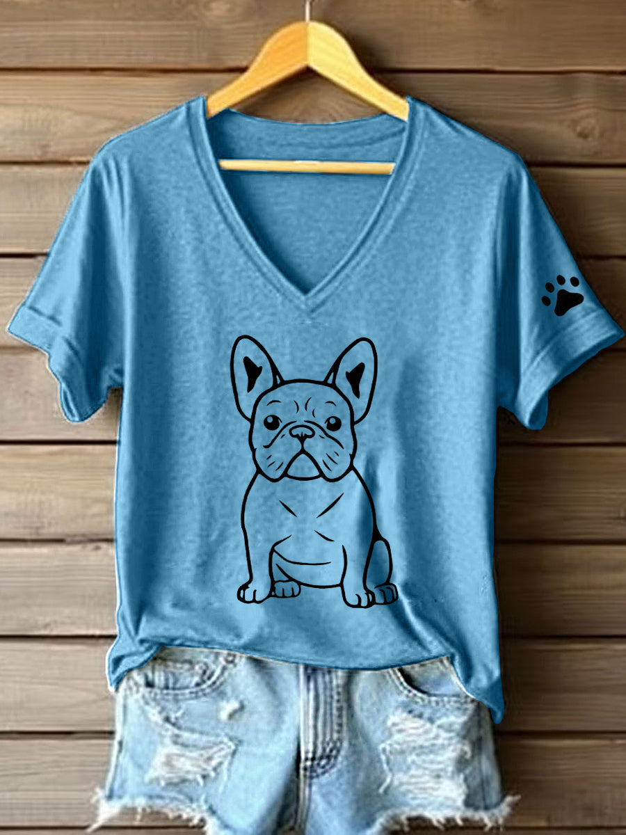 Linha artística buldogue francês impressão t-shirt V-Neck feminino
