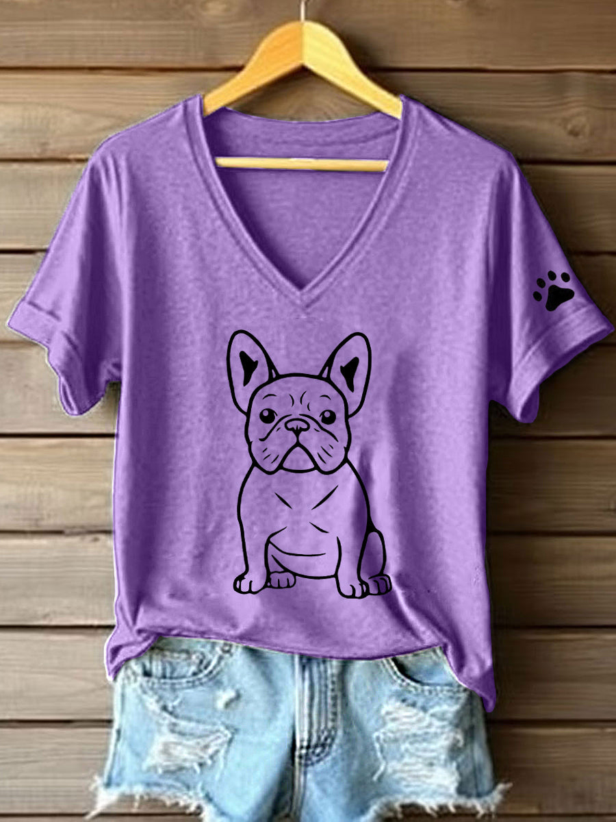 Linha artística buldogue francês impressão t-shirt V-Neck feminino