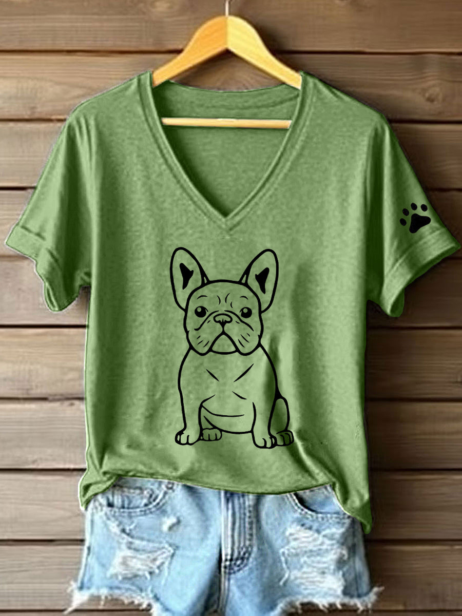 Linha artística buldogue francês impressão t-shirt V-Neck feminino