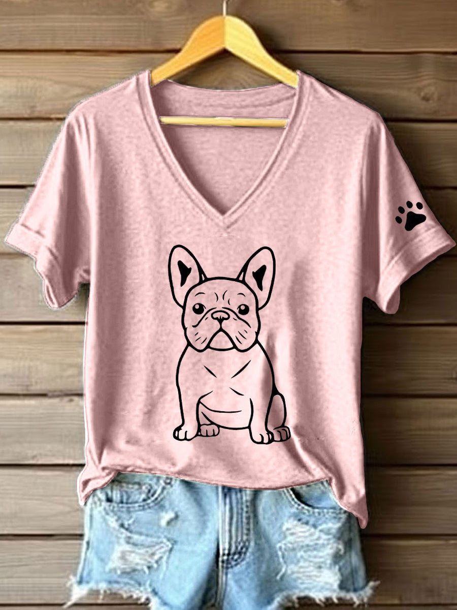 Linha artística buldogue francês impressão t-shirt V-Neck feminino