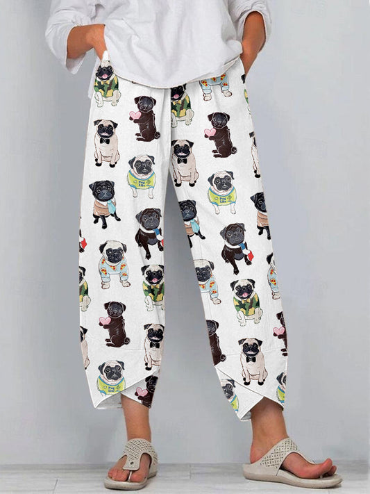 Calças de linho bonito Pug impressão feminino