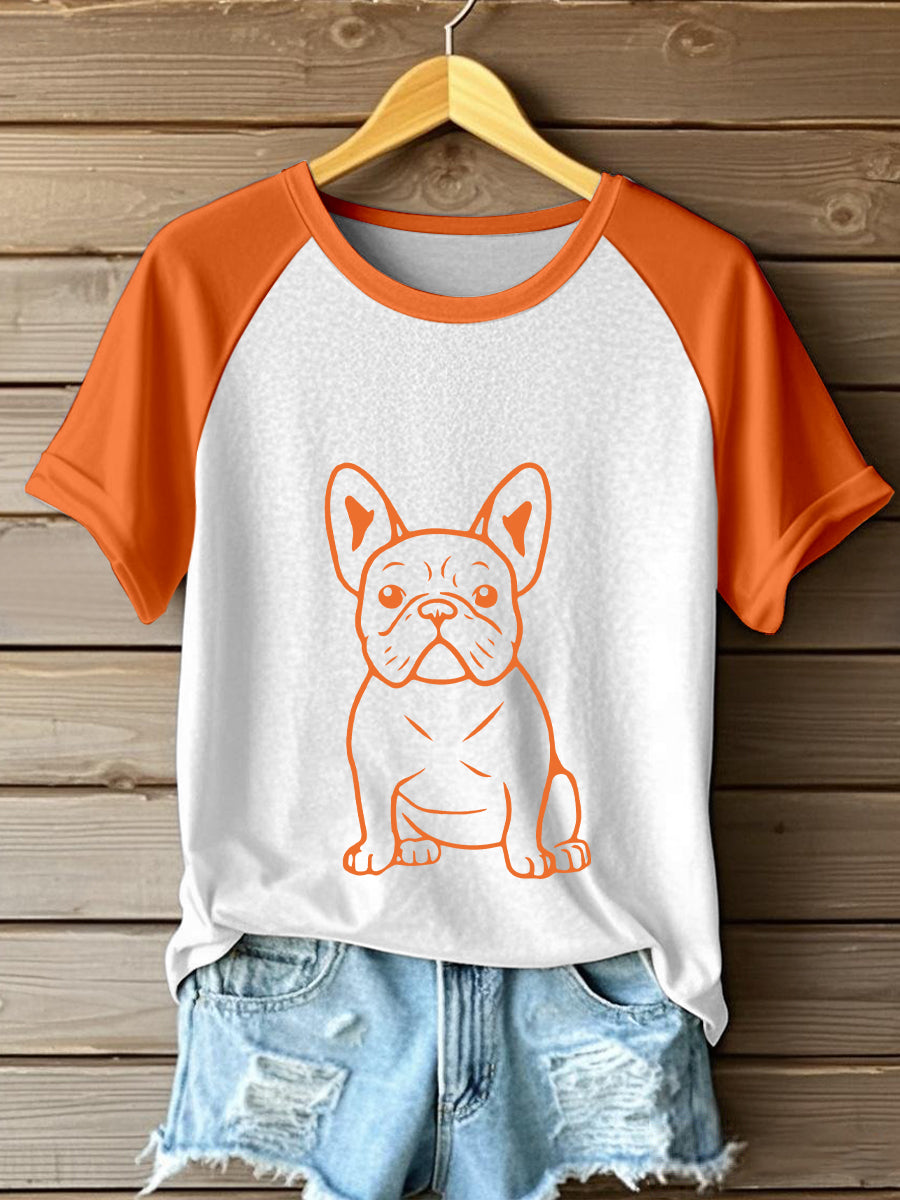 Linha arte buldogue francês impressão contraste t-shirt das mulheres