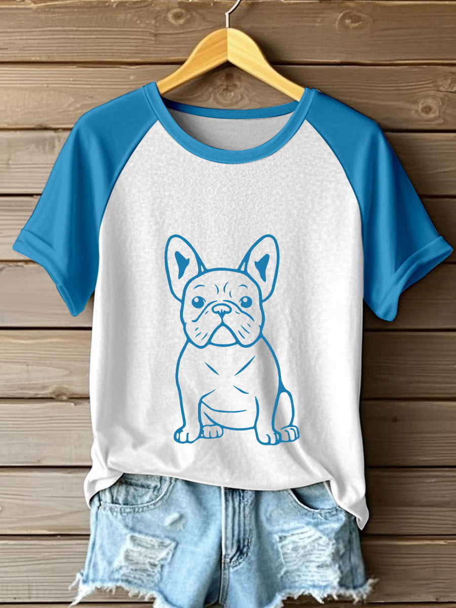 Linha arte buldogue francês impressão contraste t-shirt das mulheres