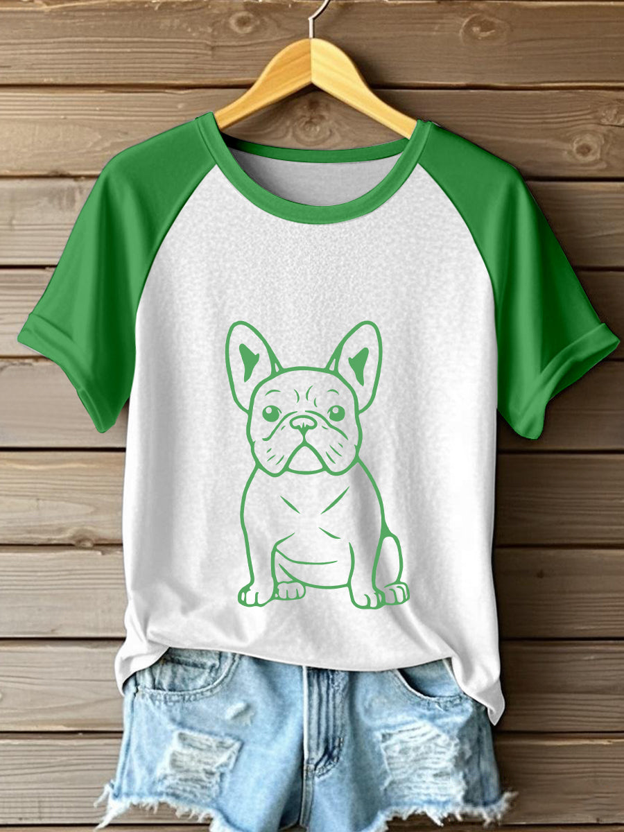 Linha arte buldogue francês impressão contraste t-shirt das mulheres