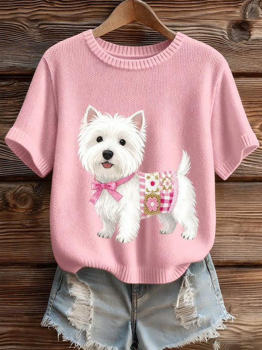 Artístico Animal Print Confortável Malha Top de manga curta feminino