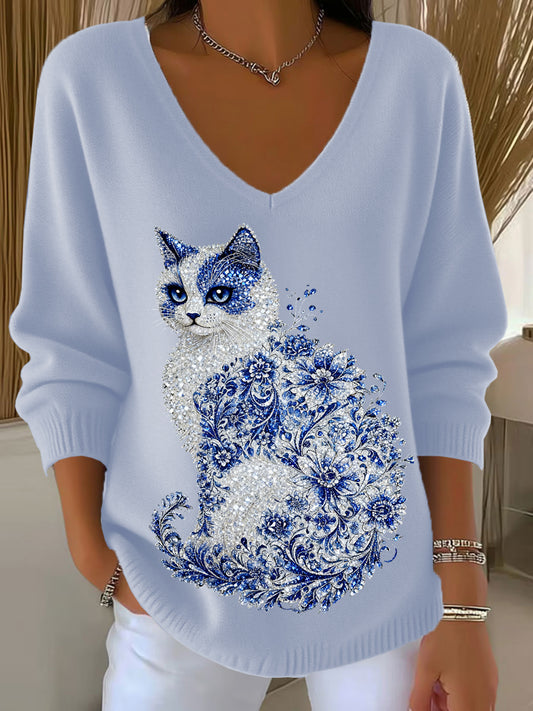 Arte Floral Retro Animal V-Neck Casual Top feminino
