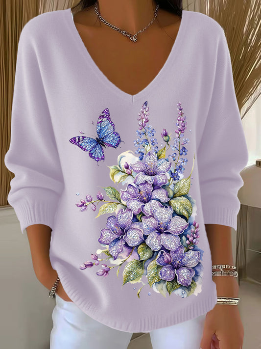 Arte Floral Retro Animal V-Neck Casual Top feminino