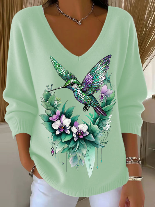 Arte Floral Retro Animal V-Neck Casual Top feminino