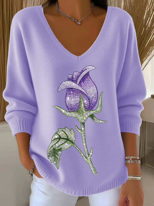 Arte Floral Retro Animal V-Neck Casual Top feminino