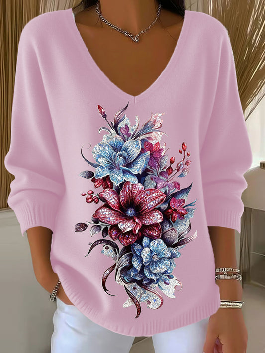 Arte Floral Retro Animal V-Neck Casual Top feminino