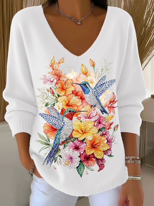 Arte Floral Retro Animal V-Neck Casual Top feminino