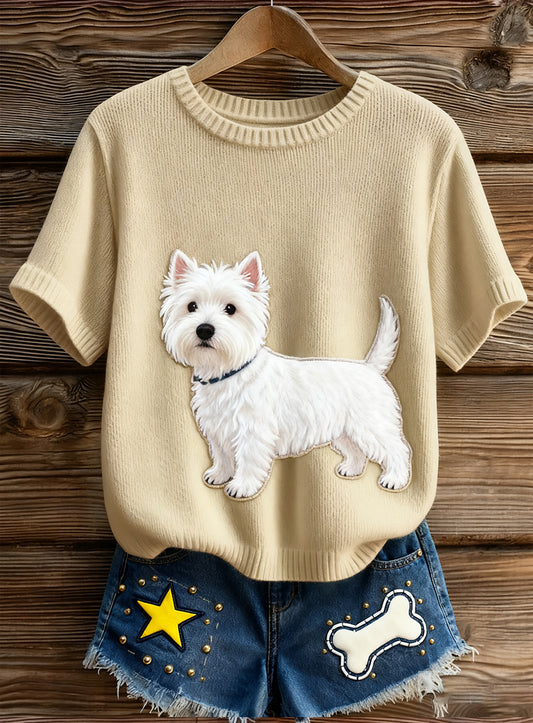 Artístico Animal Print Confortável Malha Top de manga curta feminino