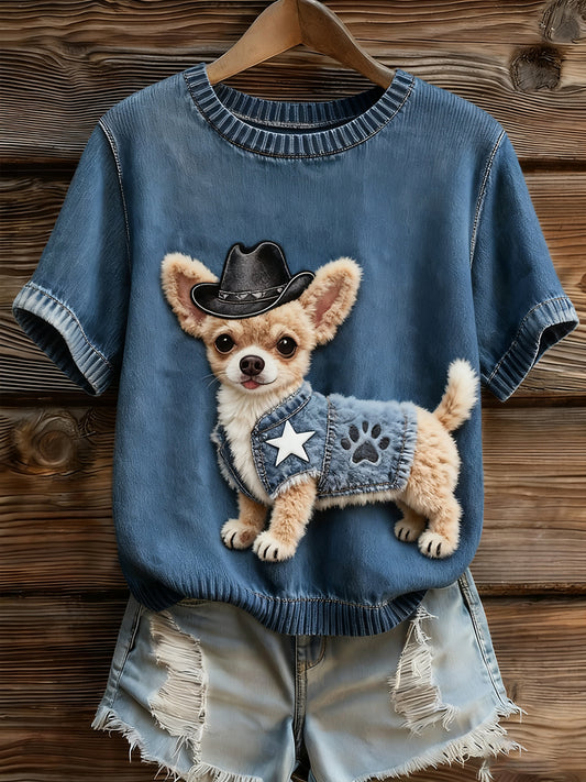 Artístico Animal Print Confortável Malha Top de manga curta feminino