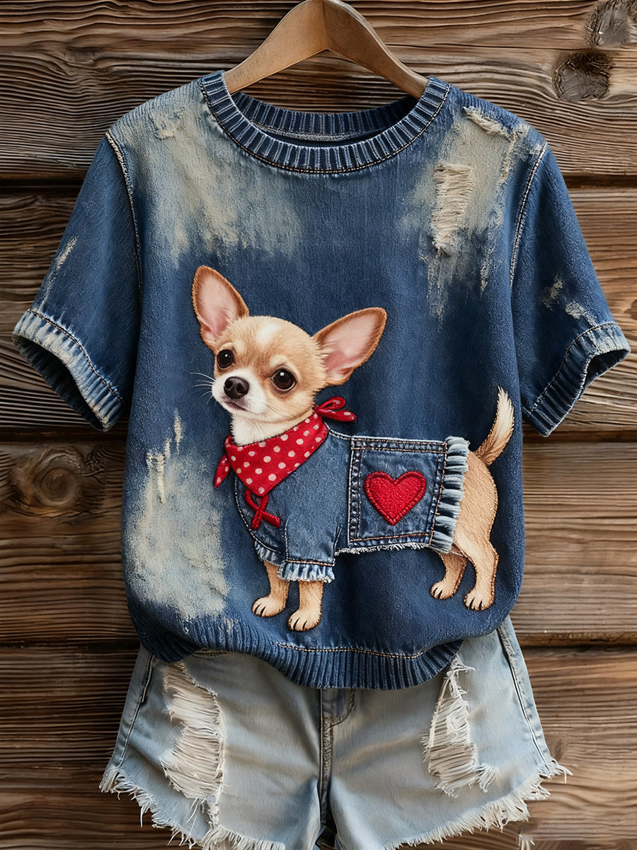 Artístico Animal Print Confortável Malha Top de manga curta feminino