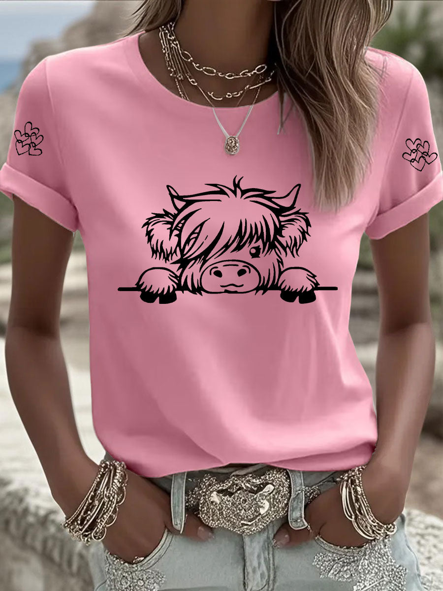 T-shirt Casual impressão vaca Highland feminino