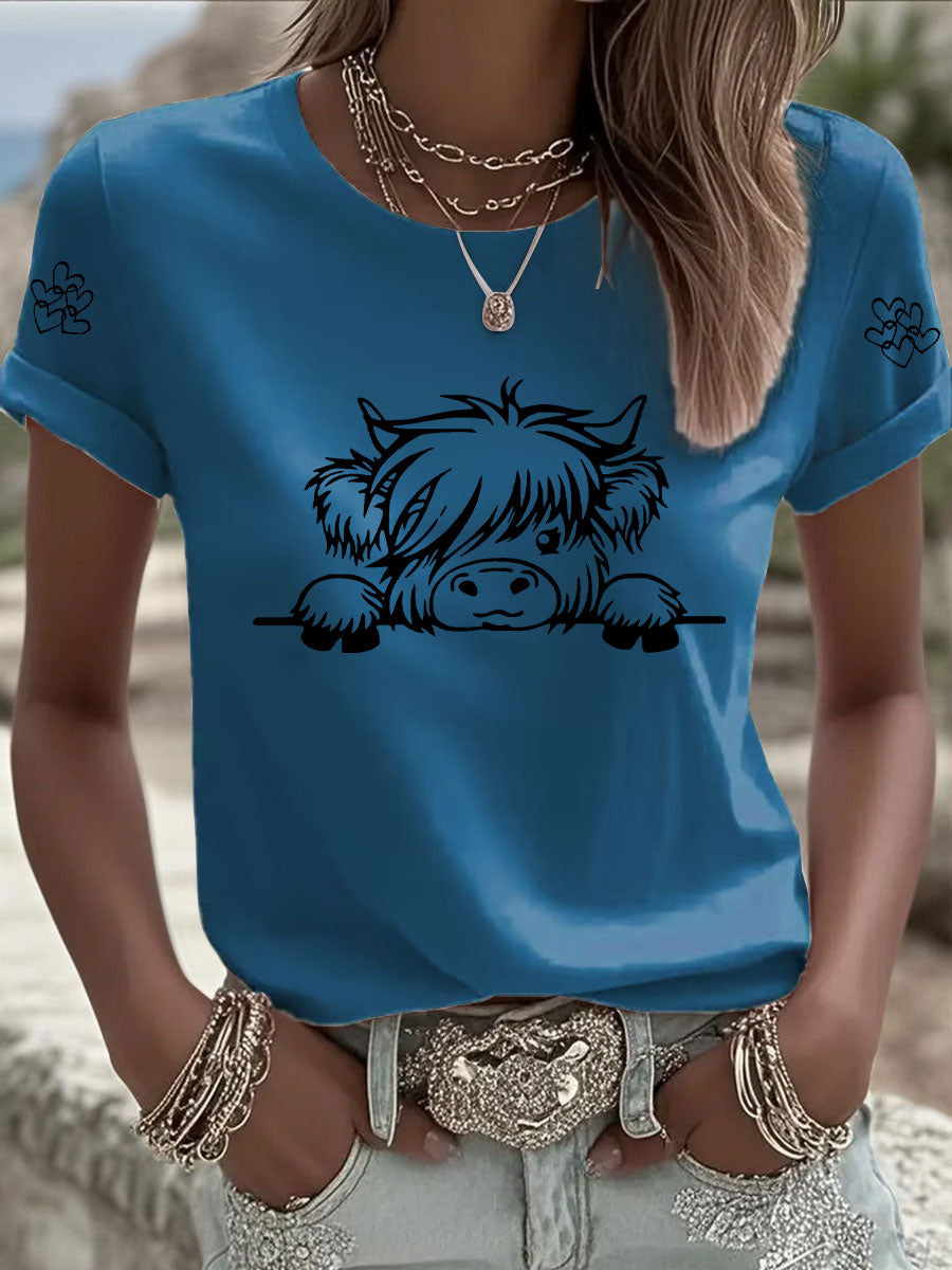 T-shirt Casual impressão vaca Highland feminino