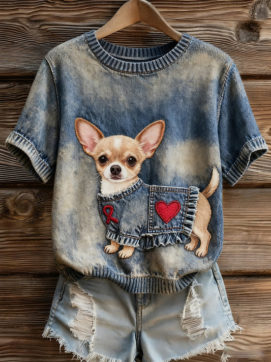 Artístico Animal Print Confortável Malha Top de manga curta feminino