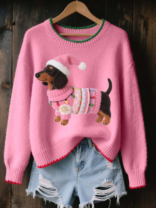 Adorável Natal Dachshund das mulheres sentiu arte camisola de malha aconchegante