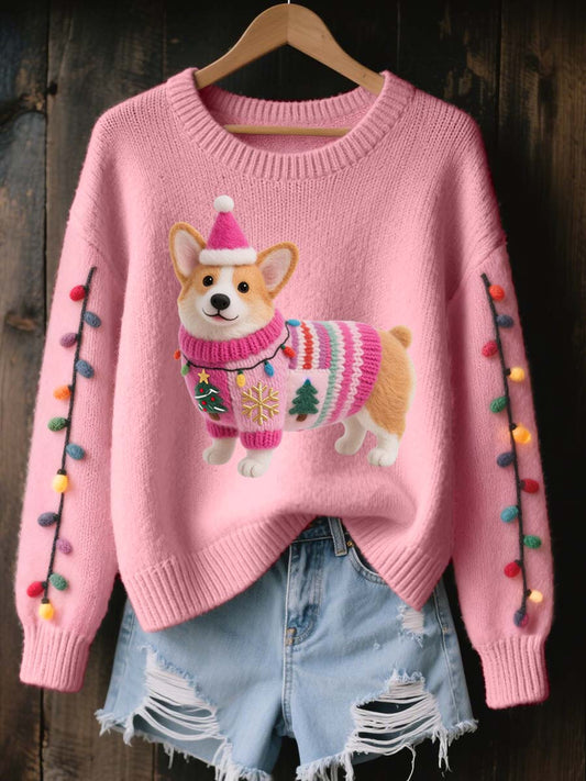 Cão de Natal Corgi feminino sentiu arte camisola malha aconchegante