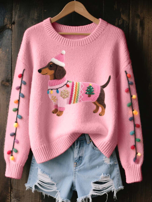 Dachshund de Natal feminino sentiu arte aconchegante camisola malha