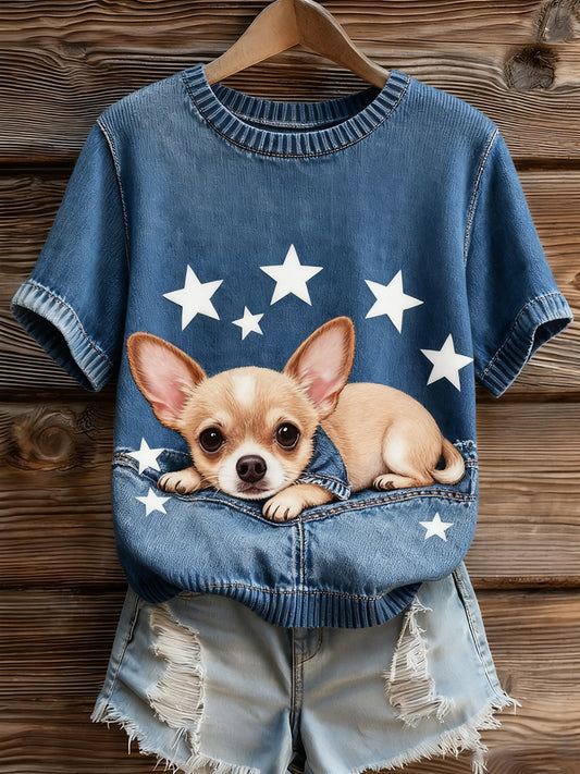 Artístico Animal Print Confortável Malha Top de manga curta feminino