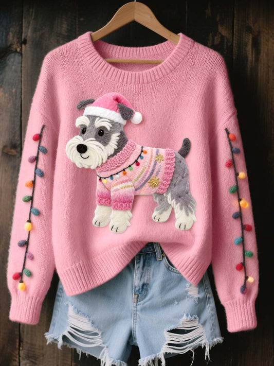 Cão Schnauzer Natal feminino sentiu arte camisola de malha aconchegante