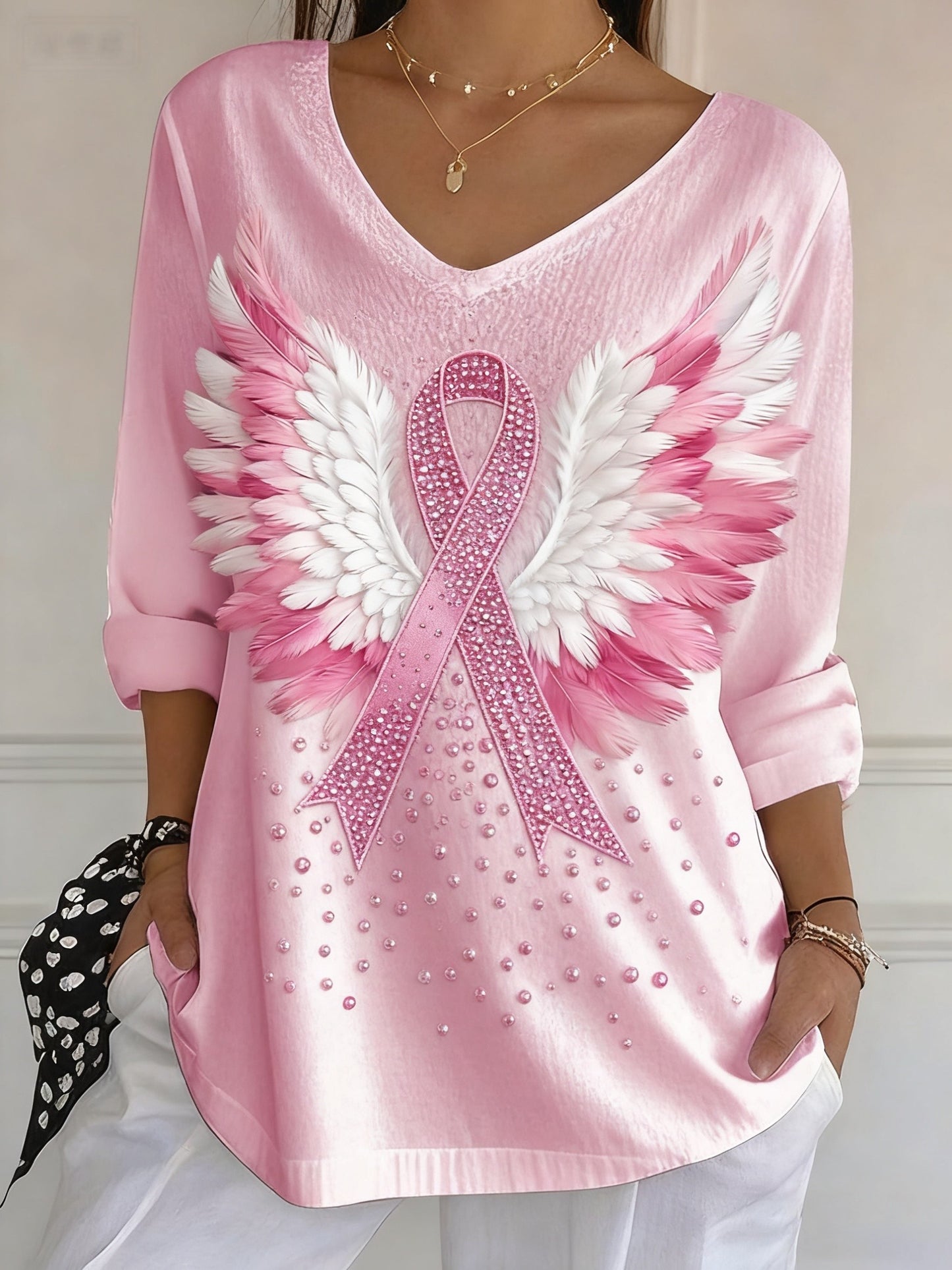 Casual rosa contraste fita asas fita impressão camiseta manga longa feminino