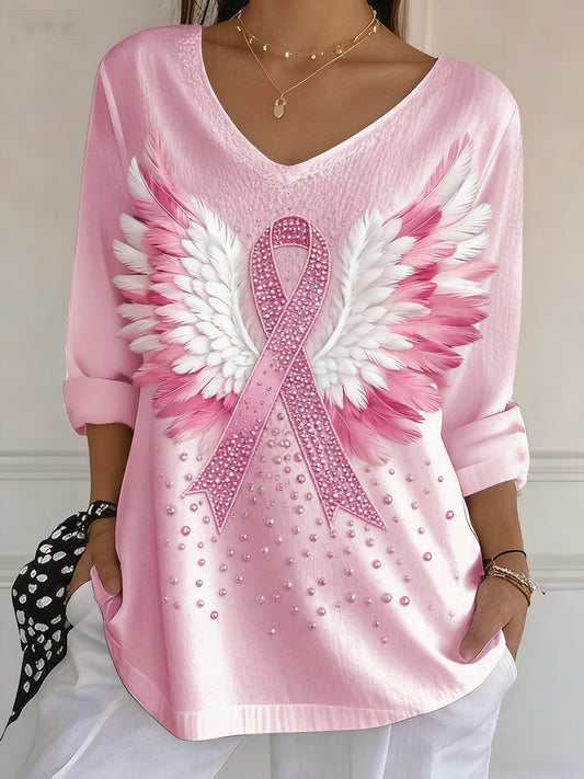 Casual rosa contraste fita asas fita impressão camiseta manga longa feminino