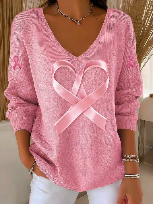 Consciência Feminina Casual Câncer de Mama Imprimir Camiseta Manga Longa